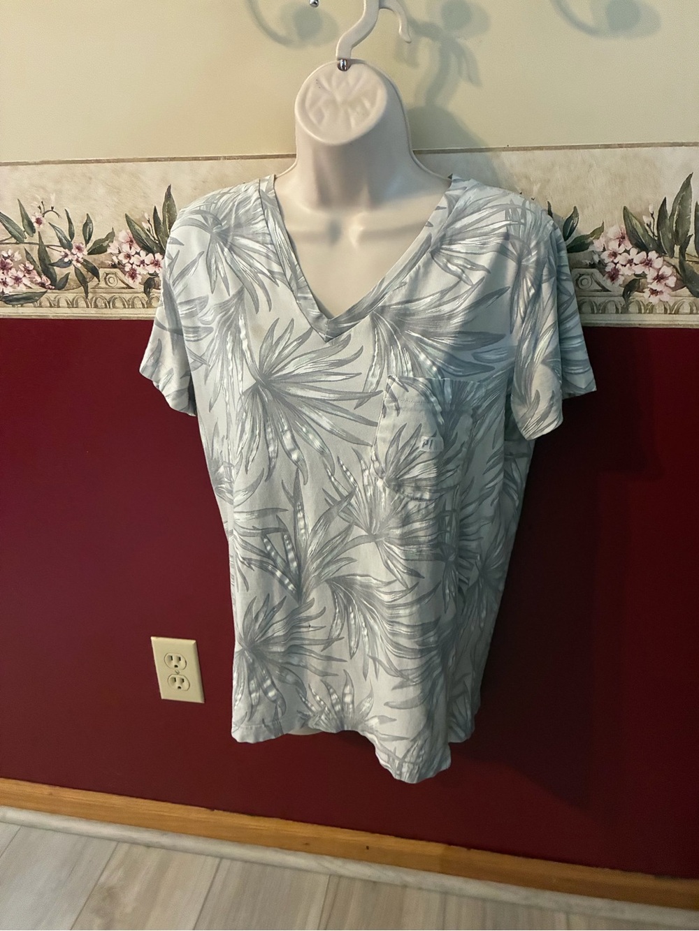 Women's Light Blue Palm-Print V-Neck Top